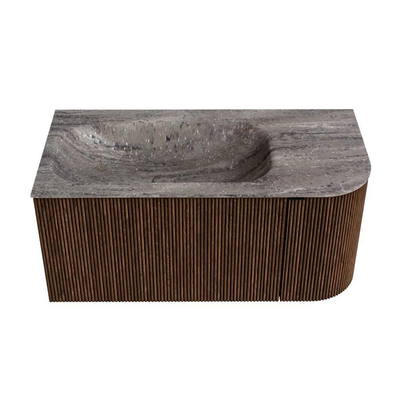 MONDIAZ KURVE-DLUX 95cm badmeubel ronding Rechts kleur Walnut met 1 lade en 1 deur. Wastafel BIG SMALL Links 1 kraangat Oza.