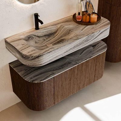 MONDIAZ THOR-DLUX 110cm badmeubel ronding links + rechts kleur Walnut met 1 lade en 2 deuren. Vrijhangende wastafel CLOUD Links 1 kraangat kleur Sombra.