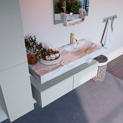 Mondiaz ALAN-DLUX Ensemble de meuble - 120cm - meuble Clay mat - 2 tiroirs - Lavabo Cloud Glace suspendu - vasque Droite - 1 trou de robinet