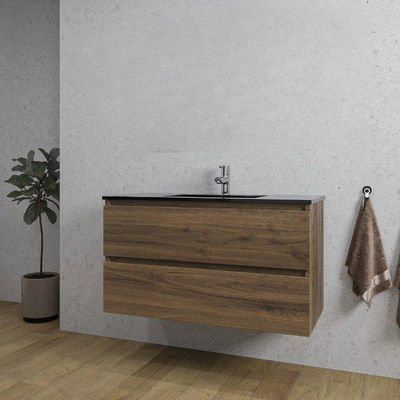 Adema Chaci Ensemble de meuble 101x46x57cm avec 2 tiroirs sans poignée vasque en céramique noire avec trou de robinet Noix