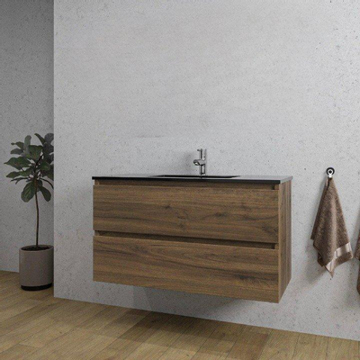 Saniclass Chaci Meuble de salle de bain - 100x45x55cm - lavabo en céramique noir mat - 1 vasque - 1 trou de robinet - 2 tiroirs - noyer