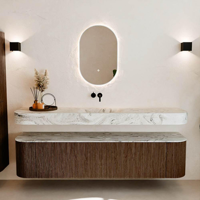 MONDIAZ THOR-DLUX 190cm badmeubel ronding links + rechts kleur Walnut met 2 lades en 2 deuren. Vrijhangende wastafel CLOUD Midden zonder kraangat kleur Glace.