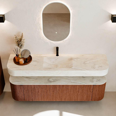 MONDIAZ THOR-DLUX 170cm meuble de salle de bains arrondi gauche + droite couleur Ruby avec 1 tiroir et 2 portes. Vasque suspendue CLOUD Milieu 1 trou de robinet couleur Ostra.