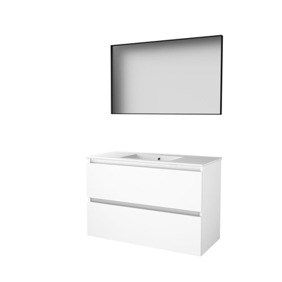 Basic-Line Framed 46 badkamermeubelset - 100x46cm - greeploos - 2 lades - porseleinen wastafel - 1 kraangat - Spiegel - mat zwart aluminium frame - rondom - MDF lak Ice White