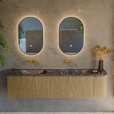 Mondiaz KURVE-DLUX Ensemble de meuble salle de bain - 175x46x40cm - 2 tiroirs - 1 porte - lavabo en solid surface - double / gauche - sans trou de robinet - Dusk
