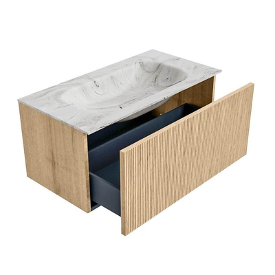 MONDIAZ KURVE-DLUX Meuble de salle de bains 90 cm couleur Oak avec 1 tiroir. Lavabo BIG SMALL central sans trou de robinet couleur Glace.