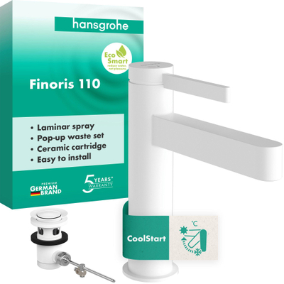 Hansgrohe Finoris wastafelkraan - model 110 - coolstart - met trekwaste - mat wit