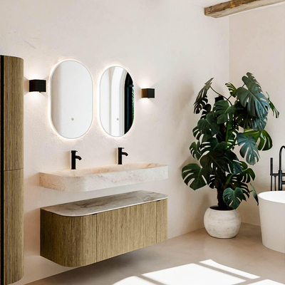 MONDIAZ THOR-DLUX 120cm meuble de salle de bains arrondi gauche + droite couleur Dusk avec 1 tiroir et 2 portes. Vasque suspendue CLOUD Double 2 trous de robinet couleur Frappe.