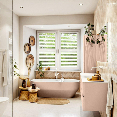 Mondiaz VICA ensemble de meuble de salle de bain - 150cm - meuble sous-vasque rosee - 2 tiroirs - lavabo moon milieu - sans trous de robinet - version haute de 60cm - talc