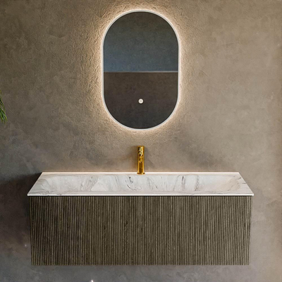 Mondiaz KURVE-DLUX Ensemble de meuble salle de bain - 120x46x40cm - 1 tiroir - lavabo en solid surface - milieu - 1 trou de robinet - Shadow