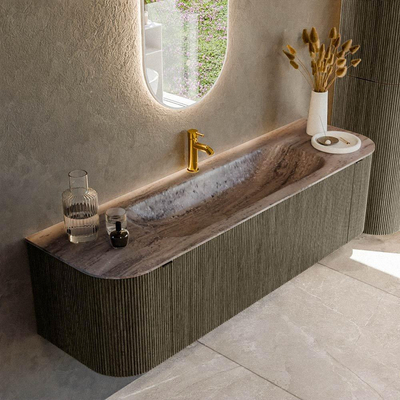 MONDIAZ KURVE-DLUX Meuble de salle de bains 160cm arrondi Gauche + Droite couleur Shadow avec 1 tiroir et 2 portes. Lavabo BIG MEDIUM Central 1 trou de robinet Oza.