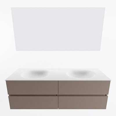 Mondiaz VICA ensemble de meuble de salle de bain - 150cm - meuble sous-vasque fumée - 4 tiroirs - lavabo lune double - 2 trous de robinet - couleur talc - miroir LED - version XL 60cm de haut