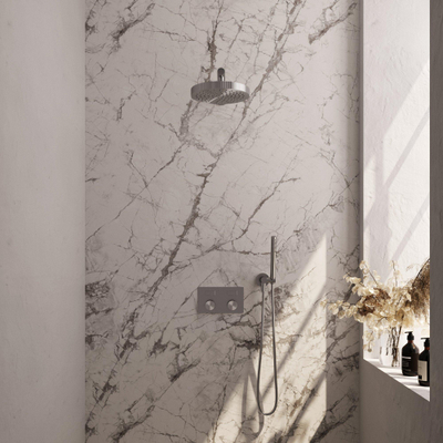 BRAUER Stripe Thermostatische Inbouw Regendouche - drukknoppen - 25cm douchekop - rechte muurarm - staaf handdouche - doucheslang - wandaansluitbocht - RVS-kleurig geborsteld PVD