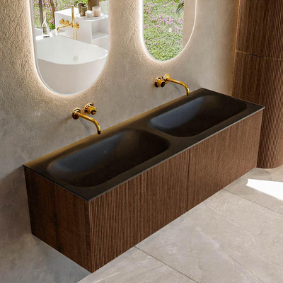 MONDIAZ KURVE 140cm badmeubel kleur Walnut met 2 lades. Wastafel BIG SMALL dubbel zonder kraangat Urban.