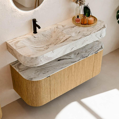 MONDIAZ THOR-DLUX 120cm meuble de salle de bains arrondi gauche + droite couleur Chêne avec 1 tiroir et 2 portes. Vasque suspendue CLOUD Gauche 1 trou de robinet couleur Glace.
