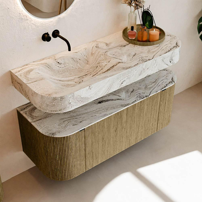 MONDIAZ THOR-DLUX 120cm meuble de salle de bains arrondi gauche + droite couleur Dusk avec 1 tiroir et 2 portes. Vasque suspendue CLOUD Gauche sans trou de robinet couleur Glace.