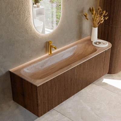 MONDIAZ KURVE-DLUX Meuble de salle de bains 145cm arrondi à droite couleur Walnut avec 1 tiroir et 1 porte. Lavabo BIG LARGE à gauche 1 trou de robinet Saba.