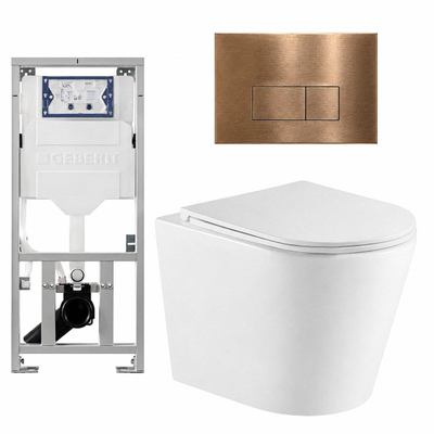 QeramiQ Dely Pack WC cuvette sans bride 36.3x51.7cm avec bâti-support Geberit UP320 abattant WC blanc mat frein de chute et plaque de commande Cuivre boutons Rectangulaires