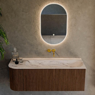 MONDIAZ KURVE-DLUX 125cm badmeubel ronding Links kleur Walnut met 1 lade en 1 deur. Wastafel BIG MEDIUM Rechts zonder kraangat Nata.