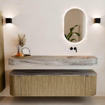 MONDIAZ THOR-DLUX 170cm meuble de salle de bains arrondi gauche + droite couleur Dusk avec 1 tiroir et 2 portes. Vasque suspendue CLOUD Droite sans trou de robinet couleur Oza.