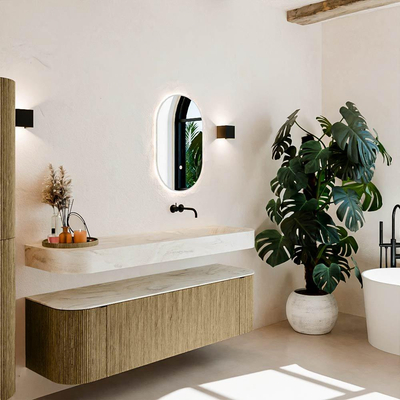 MONDIAZ THOR-DLUX 160cm meuble de salle de bains arrondi gauche + droite couleur Dusk avec 1 tiroir et 2 portes. Vasque suspendue CLOUD Droite sans trou de robinet couleur Ostra.