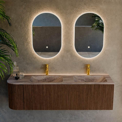 MONDIAZ KURVE-DLUX 155cm badmeubel ronding Links kleur Walnut met 2 lades en 1 deur. Wastafel LEAF Dubbel / Rechts 2 kraangaten Oza.