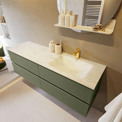 Mondiaz VICA-DLUX ensemble de meuble de salle de bain - 150cm - meuble sous-vasque armée - 4 tiroirs - lavabo encastré cloud droite - 1 trou de robinet - version haute de 60cm - opalo