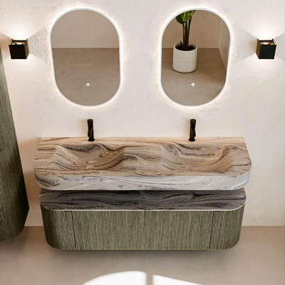 MONDIAZ THOR-DLUX 150cm meuble de salle de bains arrondi gauche + droite couleur Shadow avec 1 tiroir et 2 portes. Vasque suspendue CLOUD Double 2 trous de robinet couleur Sombra.