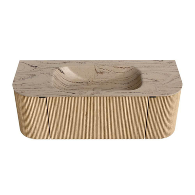 MONDIAZ KURVE-DLUX 120cm badmeubel ronding Links + Rechts kleur Oak met 1 lade en 2 deuren. Wastafel BIG SMALL Midden zonder kraangat Arena.