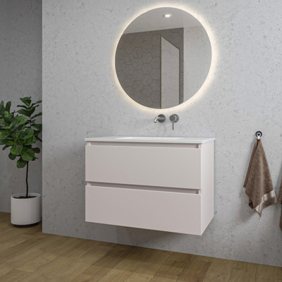 Saniclass Chaci Meuble de salle de bain - 80x46x55cm - lavabo en céramique blanc - 1 vasque - sans trous de robinet - 2 tiroirs - ronde miroir avec éclairage - mat cotton (beige)
