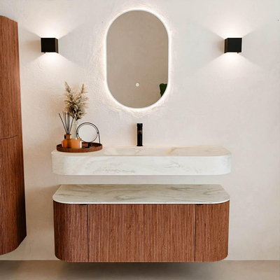 MONDIAZ THOR-DLUX 120cm badmeubel ronding links + rechts kleur Ruby met 1 lade en 2 deuren. Vrijhangende wastafel CLOUD Midden 1 kraangat kleur Ostra.