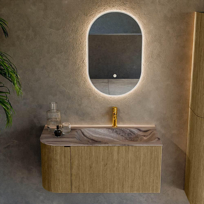 MONDIAZ KURVE-DLUX meuble de salle de bains 95cm arrondi gauche couleur Dusk avec 1 tiroir et 1 porte. Lavabo BIG SMALL à droite 1 trou de robinet Sombra.