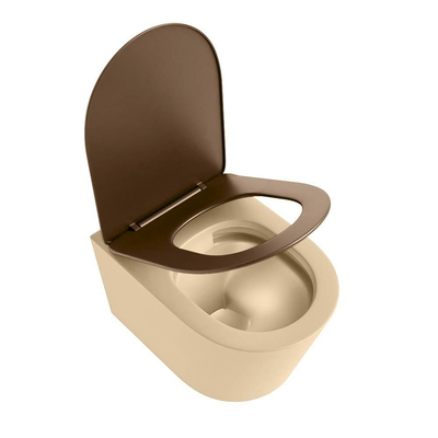 Mondiaz LAVIE hangtoilet – spoelrandloos – 36 x 53 cm – met softclose zitting – Sand (beige), zitting Rust (bruin)