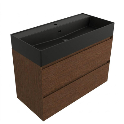 Saniclass Holz Pure Badkamermeubelset - 100x45x72cm - Legend keramische wastafel mat zwart - 1 wasbak - 1 kraangat - 2 lades - mat walnut pure (hout)