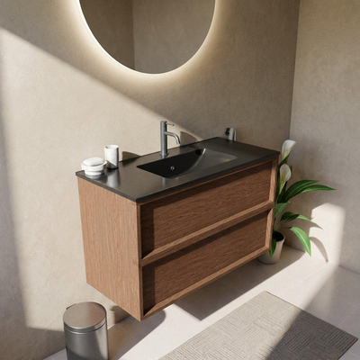 Saniclass Holz Frame Ensemble meuble de salle de bains - 100x45x62cm - Vasque Vygo en céramique noire - 1 vasque - 1 trou de robinetterie - 2 tiroirs - walnut pure mat (bois)