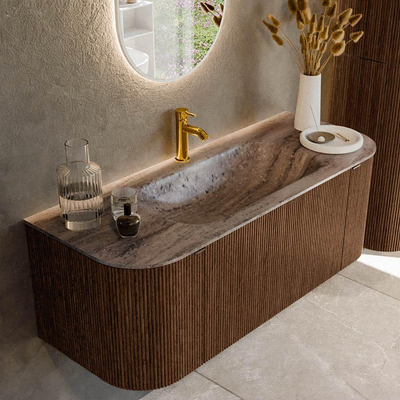 MONDIAZ KURVE-DLUX 120cm badmeubel ronding Links + Rechts kleur Walnut met 1 lade en 2 deuren. Wastafel BIG SMALL Midden 1 kraangat Oza.