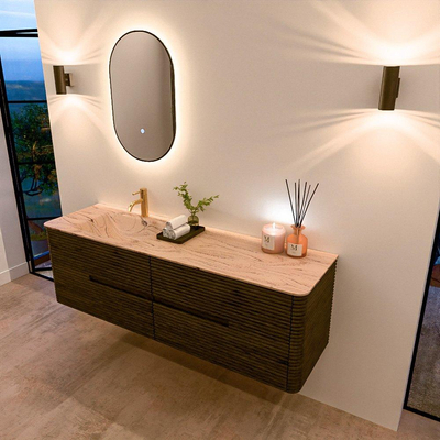 Mondiaz CIRO-DLUX Ensemble de meubles de salle de bains - 160x45x50cm - Plan vasque solid surface Arena - 1 lavabo à gauche - 1 trou de robinet - 4 tiroirs - Shadow