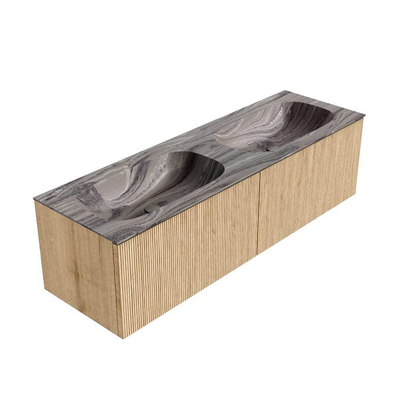 MONDIAZ KURVE-DLUX Meuble de salle de bains 150cm couleur Oak avec 2 tiroirs et 0 portes. Lavabo STOR SMALL Double 2 trous de robinet Sombra.