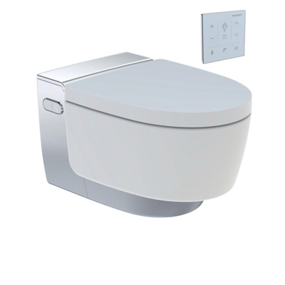 Geberit AquaClean Mera Comfort WC lavant – siège chauffant & séchage à air chaud – avec commande murale – blanc, cache design chromé