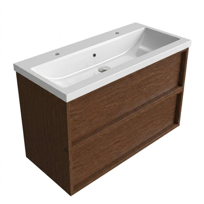 Saniclass Holz Frame Ensemble meuble de salle de bains - 100x45x63.5cm - Lavabo en céramique Bari blanc - 1 vasque - 2 trous de robinetterie - 2 tiroirs - noyer pure mat (bois)