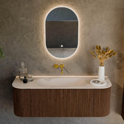 MONDIAZ KURVE-DLUX 130cm badmeubel ronding Links + Rechts kleur Walnut met 1 lade en 2 deuren. Wastafel BIG SMALL Midden zonder kraangat Meli.