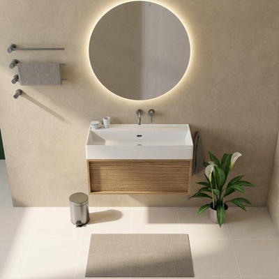 Saniclass Holz Frame Ensemble de meubles de salle de bains - 100x45x52cm - vasque Legend en céramique blanc - 1 vasque - sans trou de robinetterie - 1 tiroir - chêne natural mat (bois)