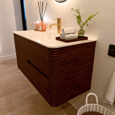 Mondiaz CIRO-DLUX Badkamermeubelset - 100x45x50cm - Solid surface wastafel Ostra - 1 wasbak Midden - 1 kraangat - 2 lades - Ruby