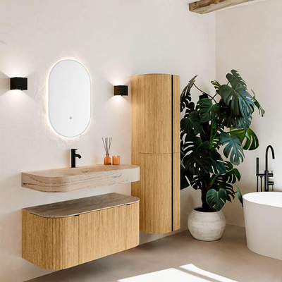 MONDIAZ THOR-DLUX 100cm badmeubel ronding links + rechts kleur Oak met 1 lade en 2 deuren. Vrijhangende wastafel CLOUD Midden 1 kraangat kleur Arena.