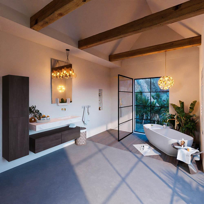 Mondiaz ALAN - DLUX ensemble de meuble de salle de bain - 130cm - meuble sous-vasque - Marron Foncé - 1 tiroir - lavabo suspendu - évier à droite - 0 trous de robinet - Ostra