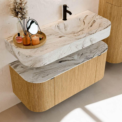 MONDIAZ THOR-DLUX 110cm badmeubel ronding links + rechts kleur Oak met 1 lade en 2 deuren. Vrijhangende wastafel CLOUD Rechts 1 kraangat kleur Glace.