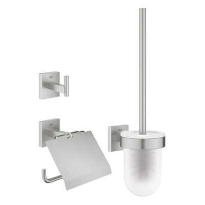 Grohe Start Cube ensemble d'accessoires 3-en-1 - porte-rouleau de papier toilette - avec clapet - patère - avec ensemble balayette de WC - avec insert en verre - supersteel