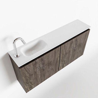 MONDIAZ TURE Toiletmeubel 100x23x50cm met 1 kraangaten 2 deuren dark brown mat Wastafel Eden links Solid Surface Wit