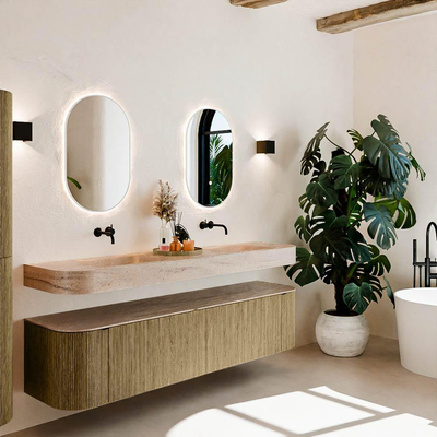 MONDIAZ THOR-DLUX 190cm meuble de salle de bains arrondi gauche + droite couleur Dusk avec 2 tiroirs et 2 portes. Vasque suspendue CLOUD Double sans trou de robinet couleur Saba.