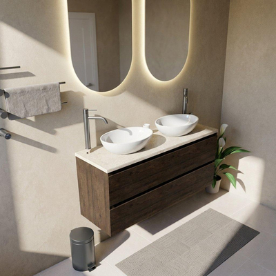 Saniclass Holz Pure Ensemble de meubles de salle de bains - 140x45x63cm - Plateau en pierre naturelle travertin - 2 trous de robinet - 4 tiroirs - chêne charcoal mat (bois)